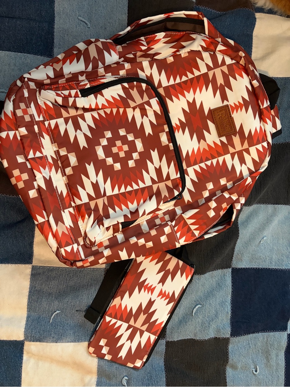 Red-Orange-brown Aztec Print Backpack with Front Pouch